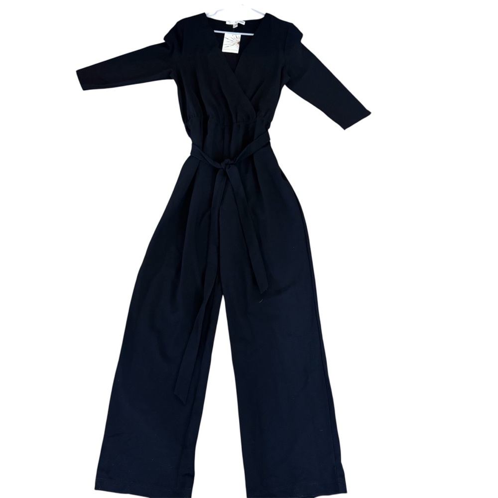 Boston Proper Travel Jumpsuit Size 16 L Black Straight Leg Full Length Waist Tie